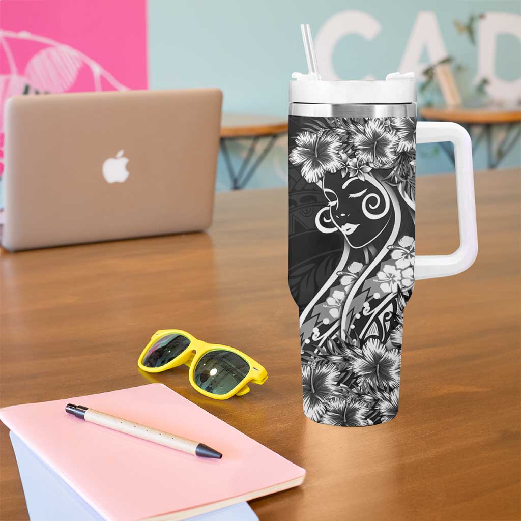 Polynesian Women's Day Tumbler With Handle Black Hibiscus Flowers With Polynesian Pattern LT05 - Polynesian Pride