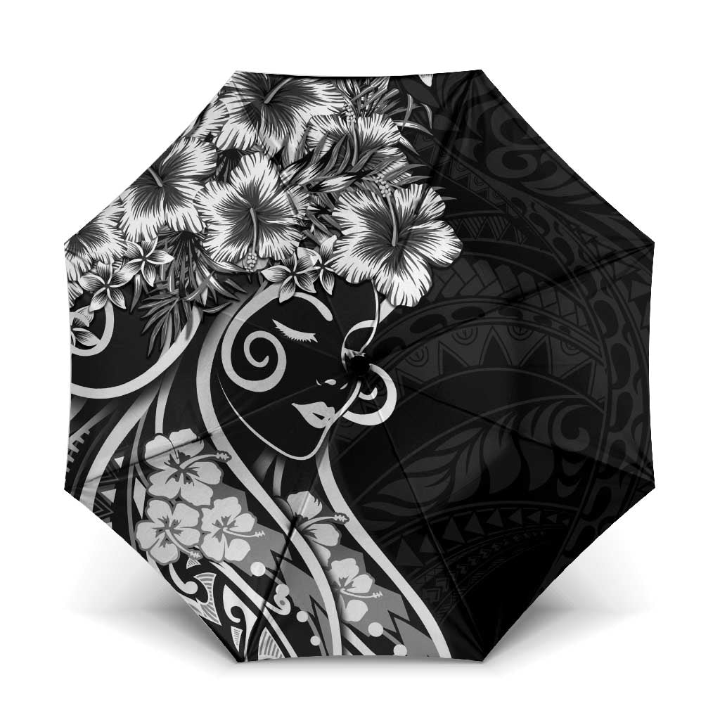 Polynesian Women's Day Umbrella Black Hibiscus Flowers With Polynesian Pattern LT05 One Size Folded 11.42 inch Opened Diameter 37.4 inch Black - Polynesian Pride