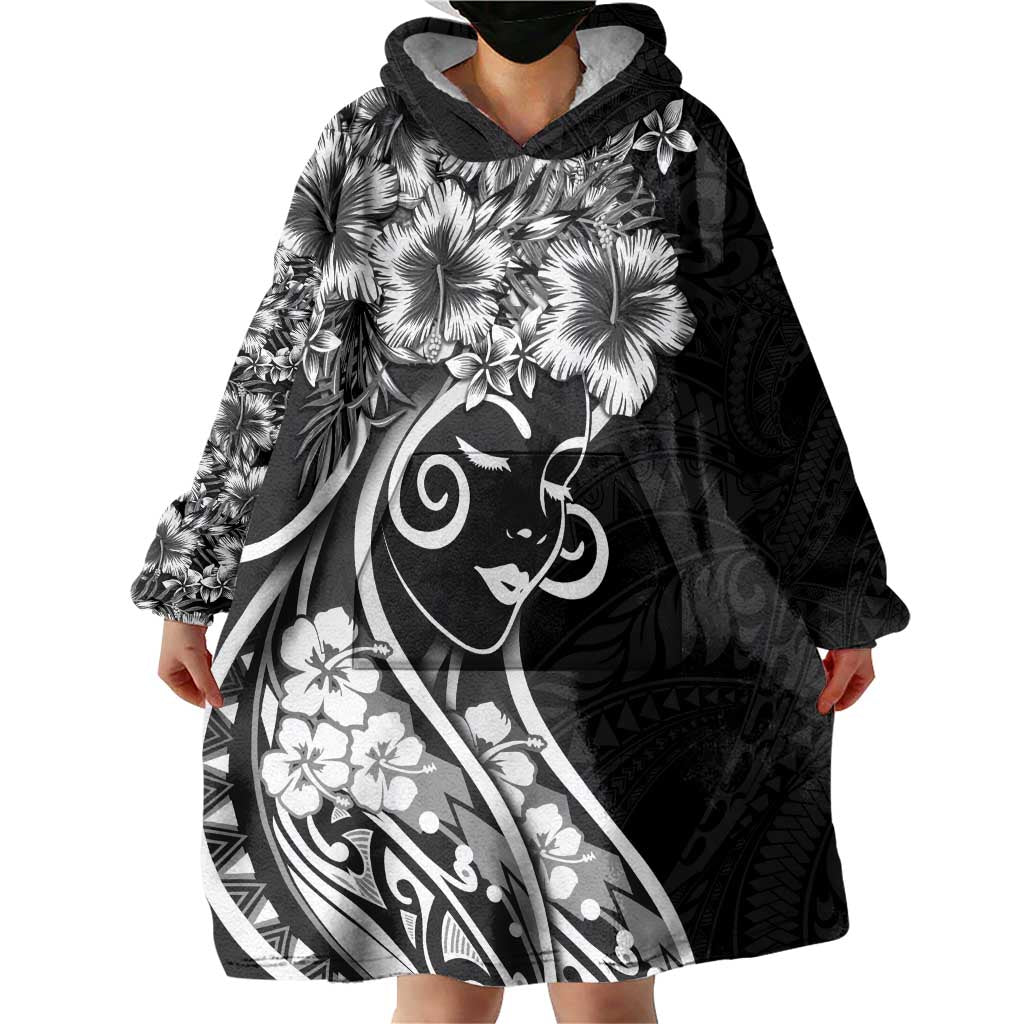 Polynesian Women's Day Wearable Blanket Hoodie Black Hibiscus Flowers With Polynesian Pattern LT05 - Polynesian Pride