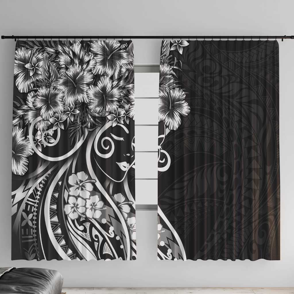 Polynesian Women's Day Window Curtain Black Hibiscus Flowers With Polynesian Pattern LT05 With Hooks Black - Polynesian Pride