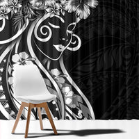 Polynesian Women's Day Window Curtain Black Hibiscus Flowers With Polynesian Pattern LT05 - Polynesian Pride