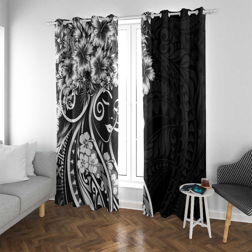 Polynesian Women's Day Window Curtain Black Hibiscus Flowers With Polynesian Pattern LT05 With Grommets Black - Polynesian Pride