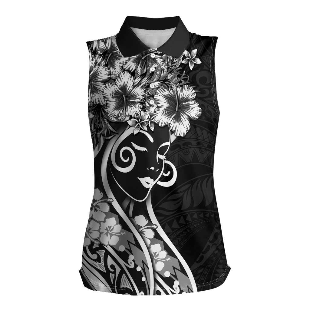 Polynesian Women's Day Women Sleeveless Polo Shirt Black Hibiscus Flowers With Polynesian Pattern LT05 Female Black - Polynesian Pride