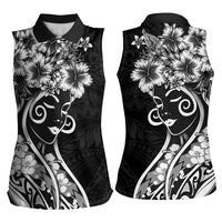 Polynesian Women's Day Women Sleeveless Polo Shirt Black Hibiscus Flowers With Polynesian Pattern LT05 - Polynesian Pride