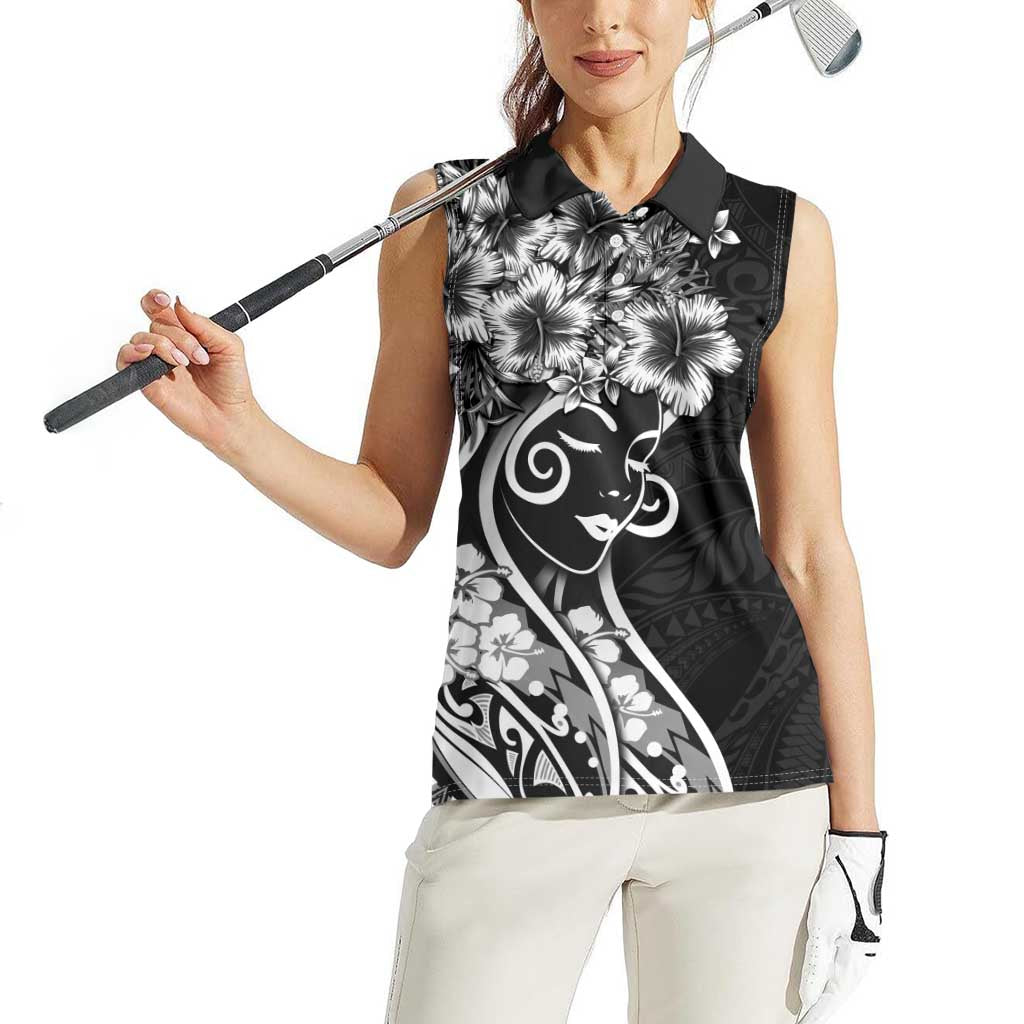 Polynesian Women's Day Women Sleeveless Polo Shirt Black Hibiscus Flowers With Polynesian Pattern LT05 - Polynesian Pride
