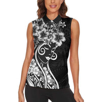Polynesian Women's Day Women Sleeveless Polo Shirt Black Hibiscus Flowers With Polynesian Pattern LT05 - Polynesian Pride