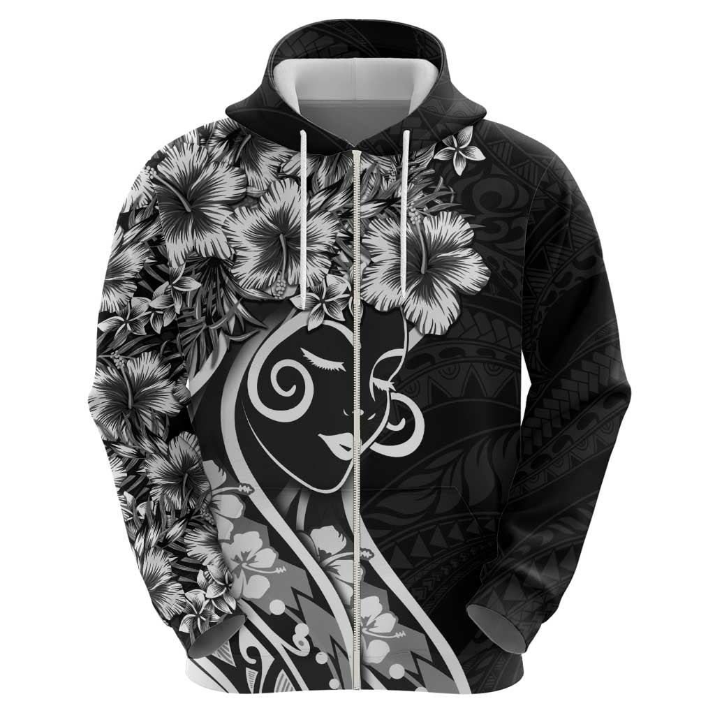 Polynesian Women's Day Zip Hoodie Black Hibiscus Flowers With Polynesian Pattern LT05 - Polynesian Pride