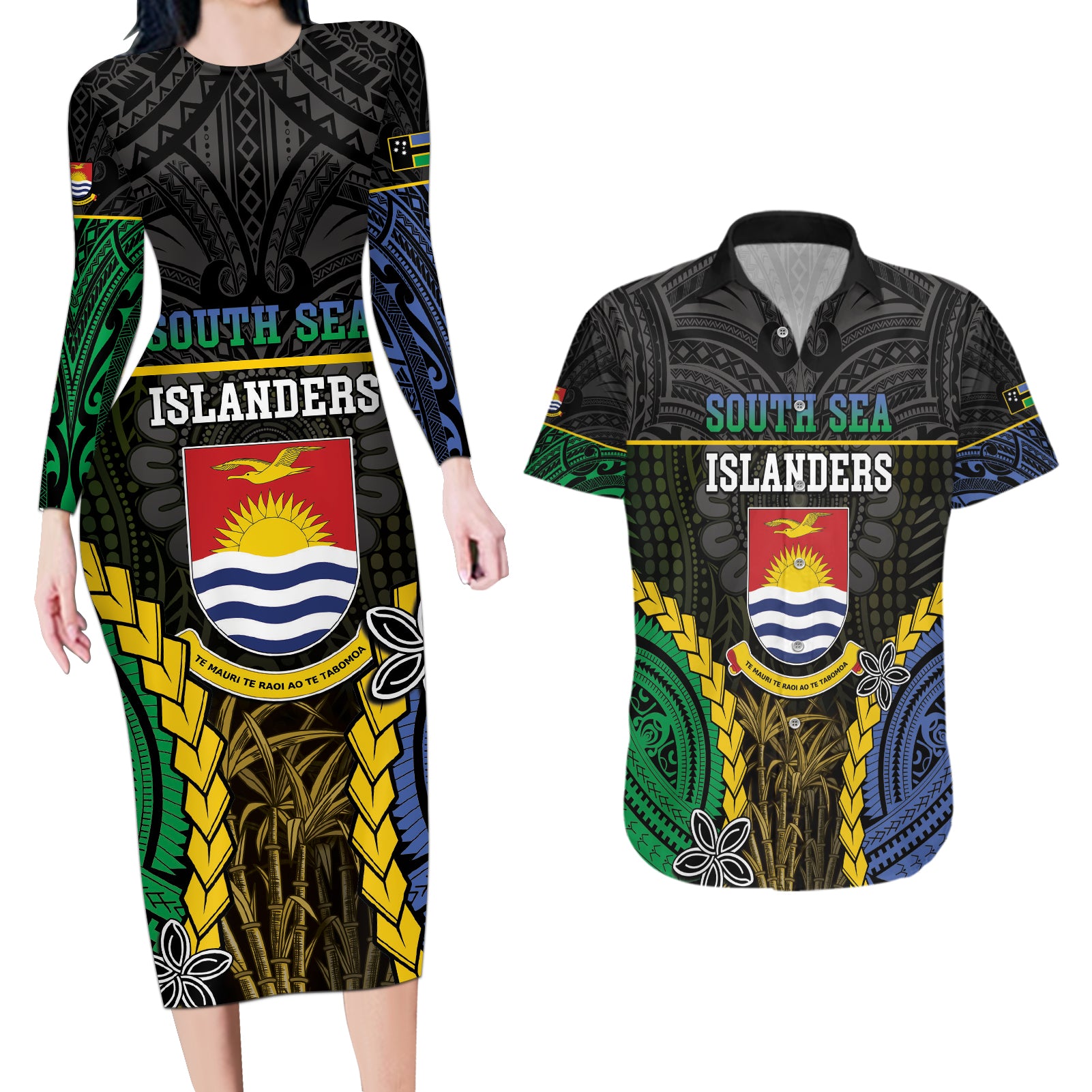 Personalised South Sea Islanders And Gilbert Islands Couples Matching Long Sleeve Bodycon Dress and Hawaiian Shirt Kanakas Polynesian Pattern