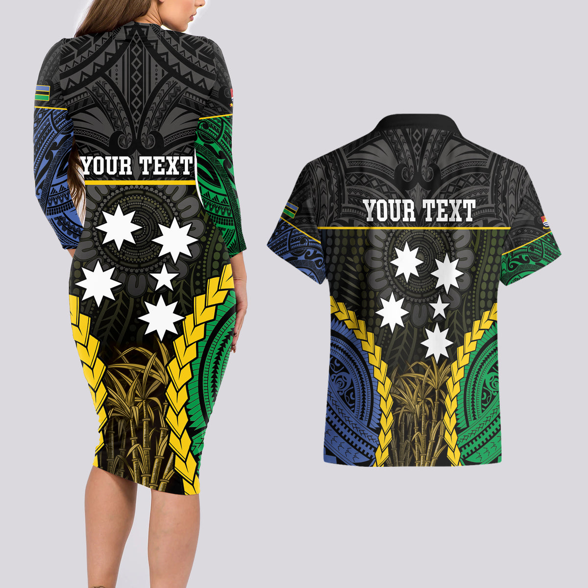 Personalised South Sea Islanders And Gilbert Islands Couples Matching Long Sleeve Bodycon Dress and Hawaiian Shirt Kanakas Polynesian Pattern