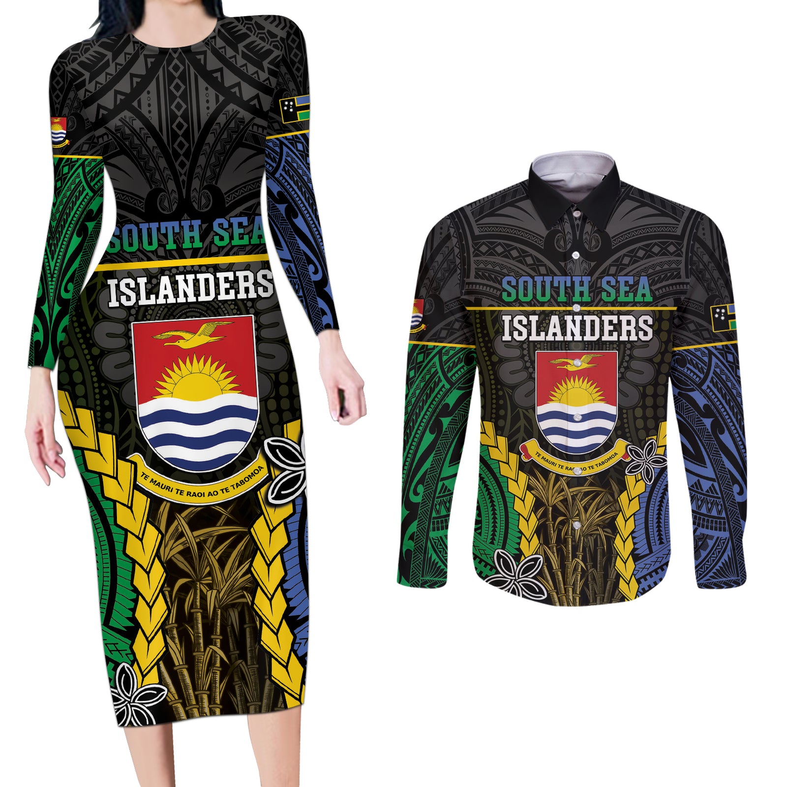 Personalised South Sea Islanders And Gilbert Islands Couples Matching Long Sleeve Bodycon Dress and Long Sleeve Button Shirt Kanakas Polynesian Pattern LT05 Black - Polynesian Pride