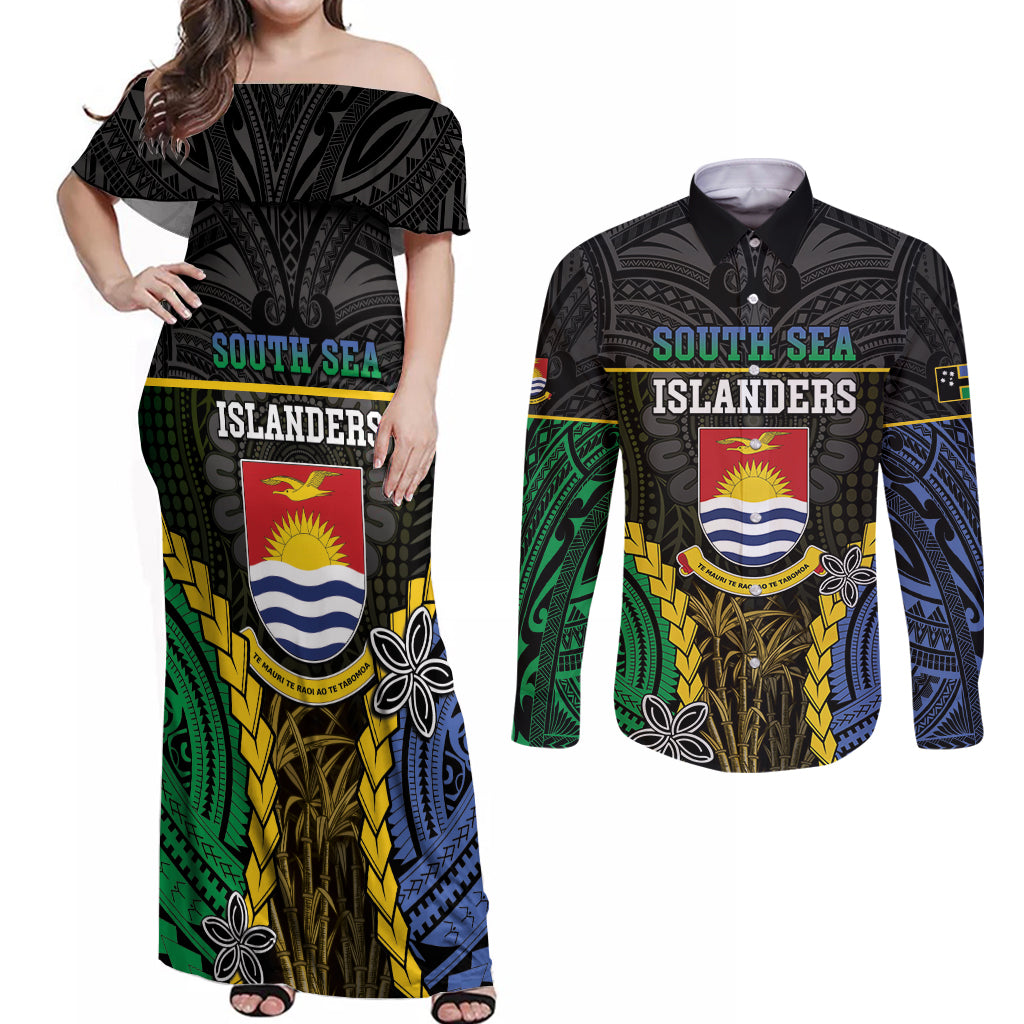Personalised South Sea Islanders And Gilbert Islands Couples Matching Off Shoulder Maxi Dress and Long Sleeve Button Shirt Kanakas Polynesian Pattern LT05 Black - Polynesian Pride