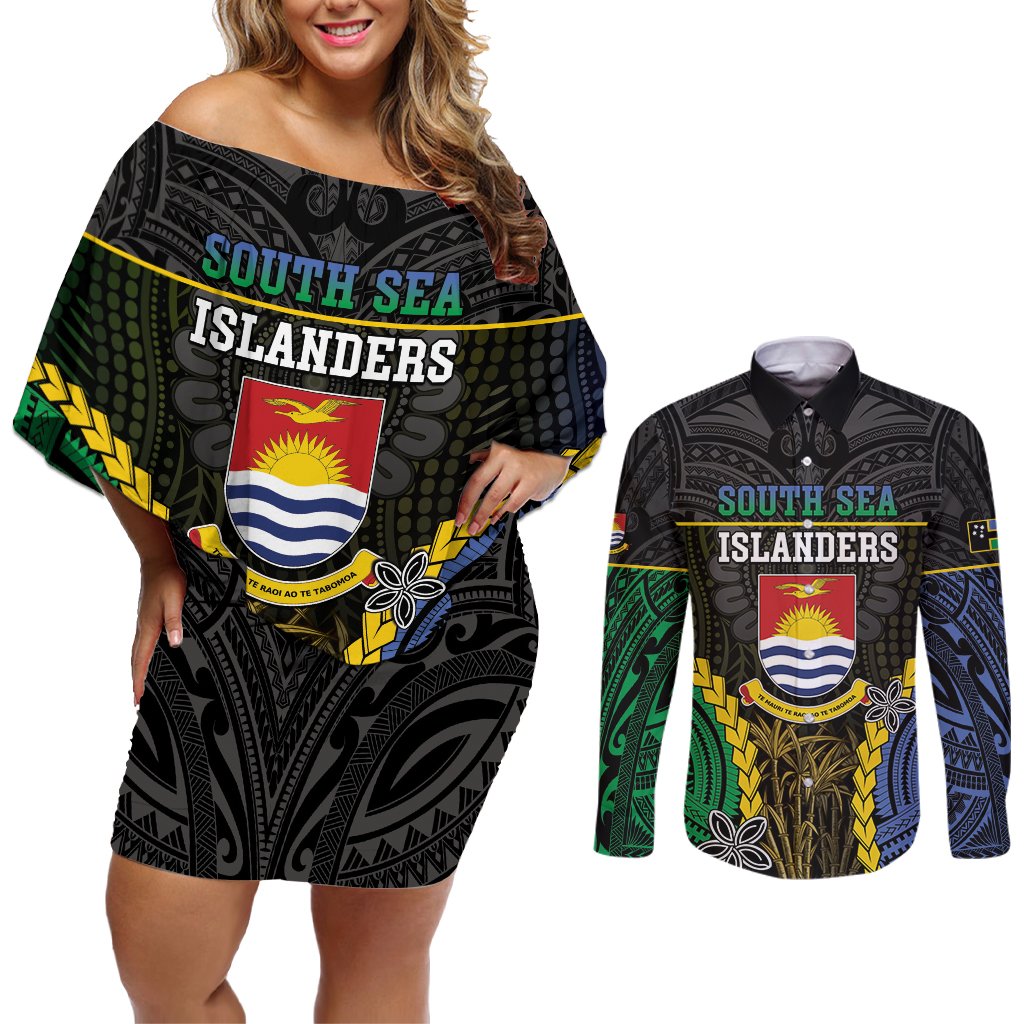Personalised South Sea Islanders And Gilbert Islands Couples Matching Off Shoulder Short Dress and Long Sleeve Button Shirt Kanakas Polynesian Pattern LT05 Black - Polynesian Pride
