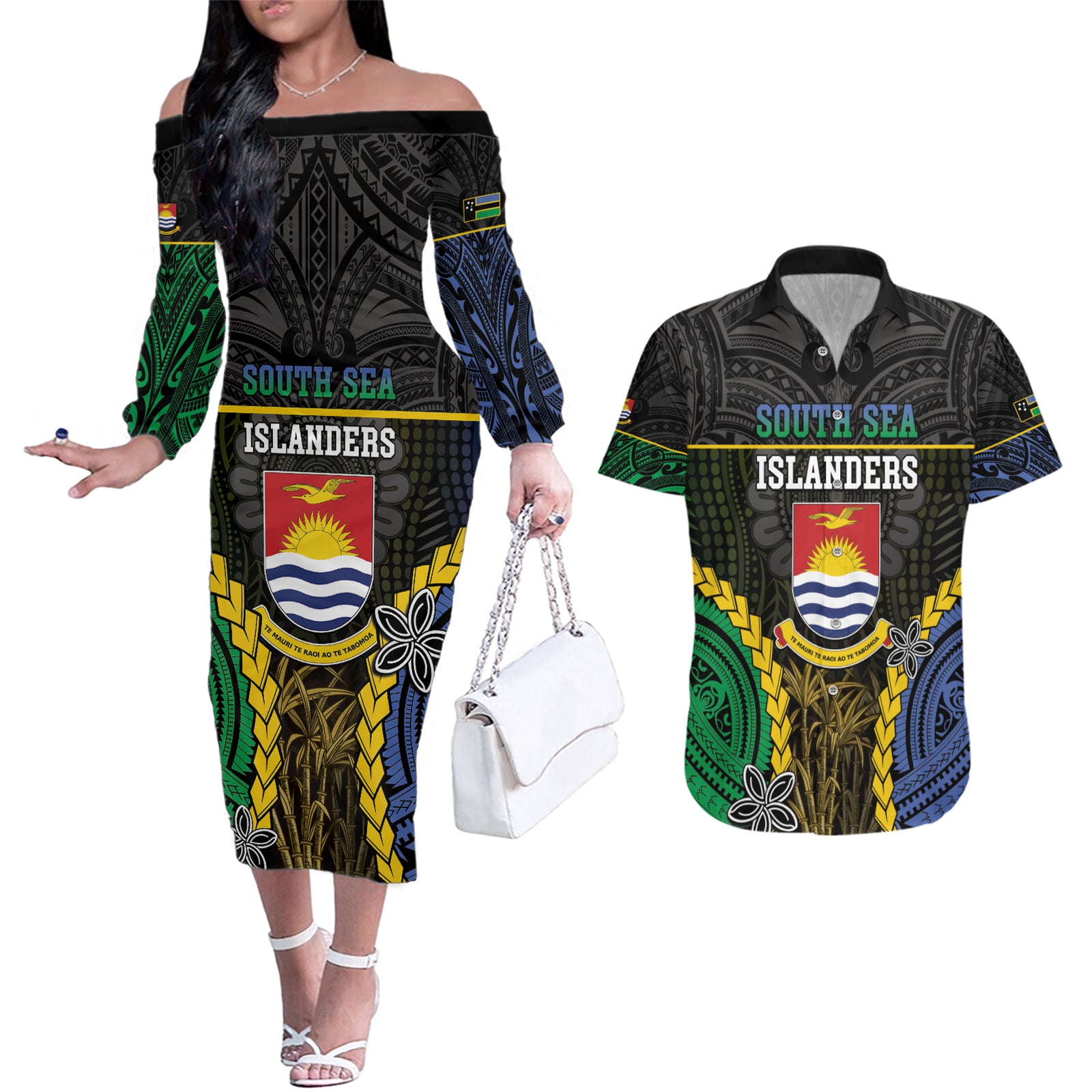 Personalised South Sea Islanders And Gilbert Islands Couples Matching Off The Shoulder Long Sleeve Dress and Hawaiian Shirt Kanakas Polynesian Pattern LT05 Black - Polynesian Pride