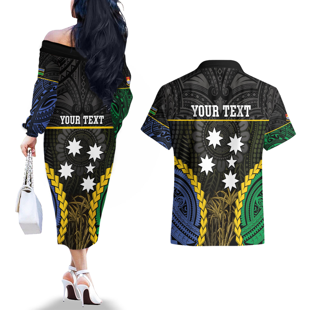 Personalised South Sea Islanders And Gilbert Islands Couples Matching Off The Shoulder Long Sleeve Dress and Hawaiian Shirt Kanakas Polynesian Pattern LT05 - Polynesian Pride