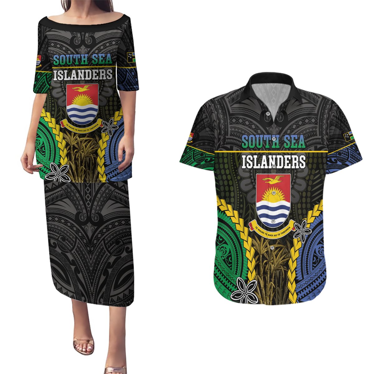 Personalised South Sea Islanders And Gilbert Islands Couples Matching Puletasi and Hawaiian Shirt Kanakas Polynesian Pattern LT05 Black - Polynesian Pride