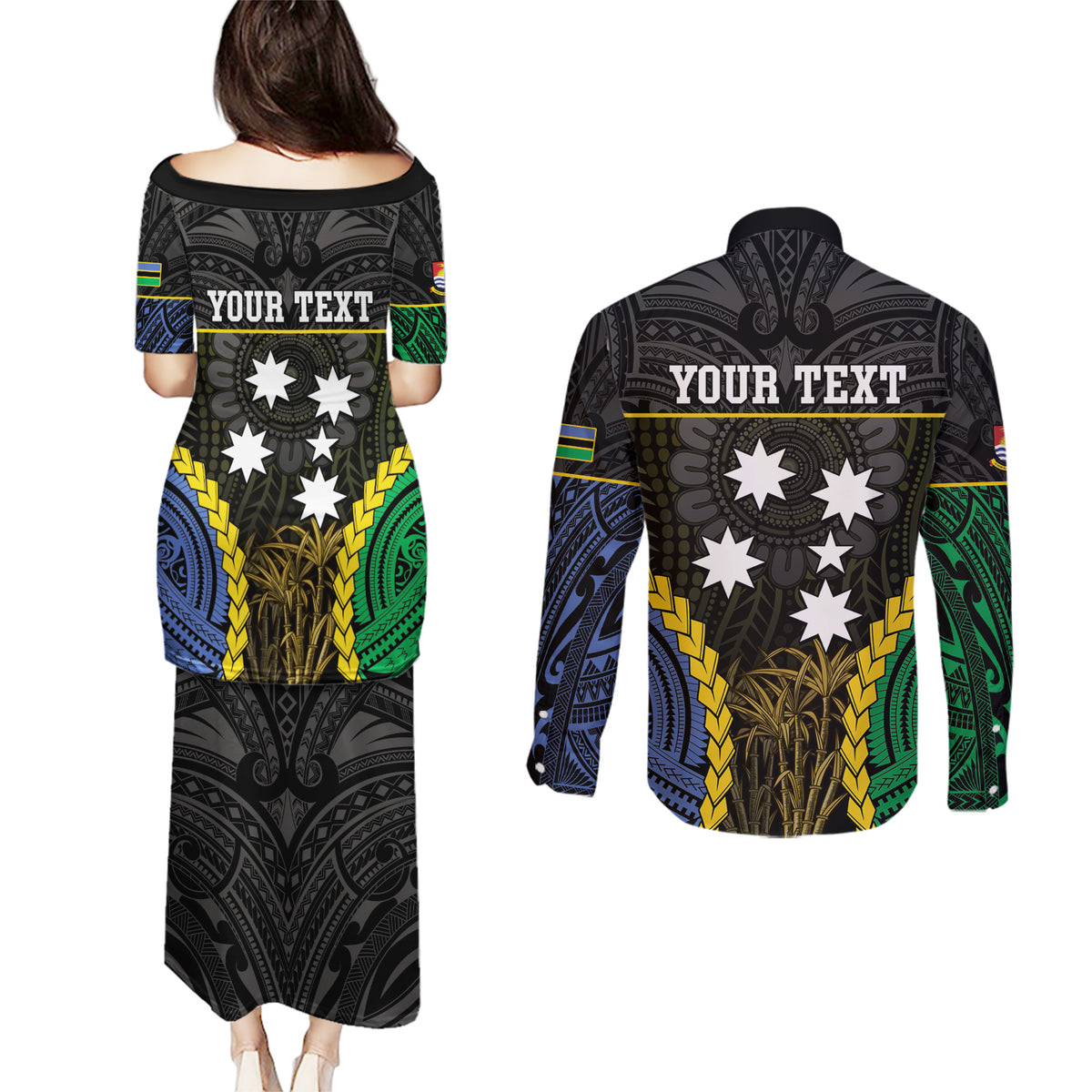 Personalised South Sea Islanders And Gilbert Islands Couples Matching Puletasi and Long Sleeve Button Shirt Kanakas Polynesian Pattern