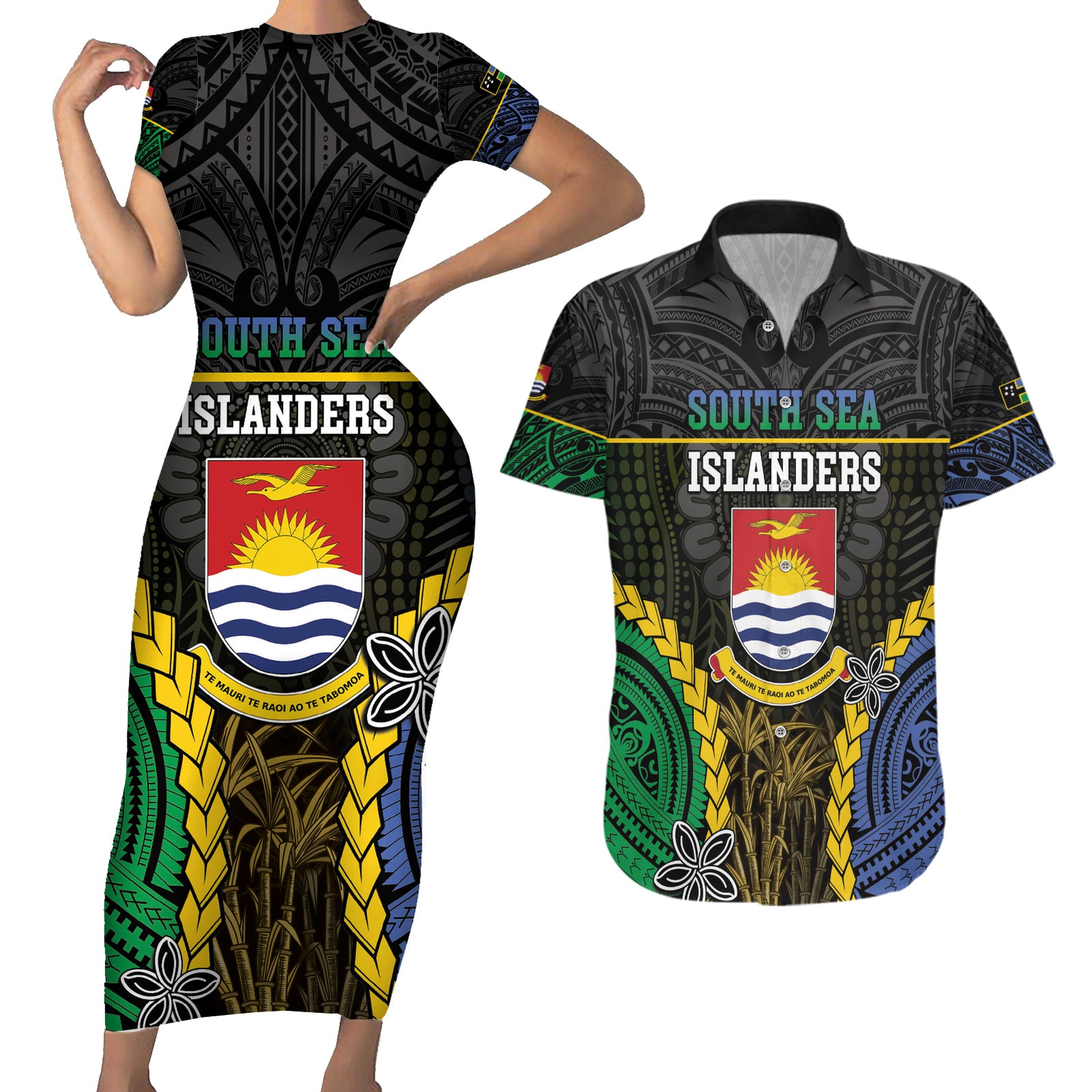 Personalised South Sea Islanders And Gilbert Islands Couples Matching Short Sleeve Bodycon Dress and Hawaiian Shirt Kanakas Polynesian Pattern LT05 Black - Polynesian Pride