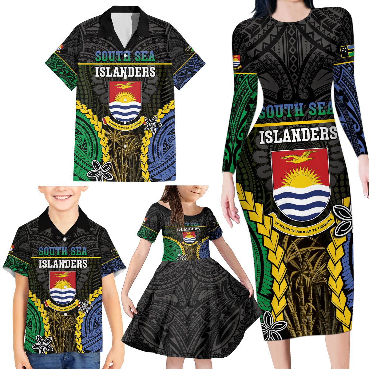 Personalised South Sea Islanders And Gilbert Islands Family Matching Long Sleeve Bodycon Dress and Hawaiian Shirt Kanakas Polynesian Pattern