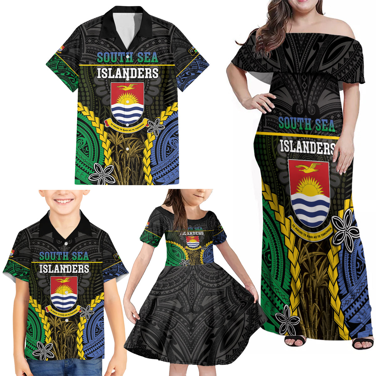 Personalised South Sea Islanders And Gilbert Islands Family Matching Off Shoulder Maxi Dress and Hawaiian Shirt Kanakas Polynesian Pattern