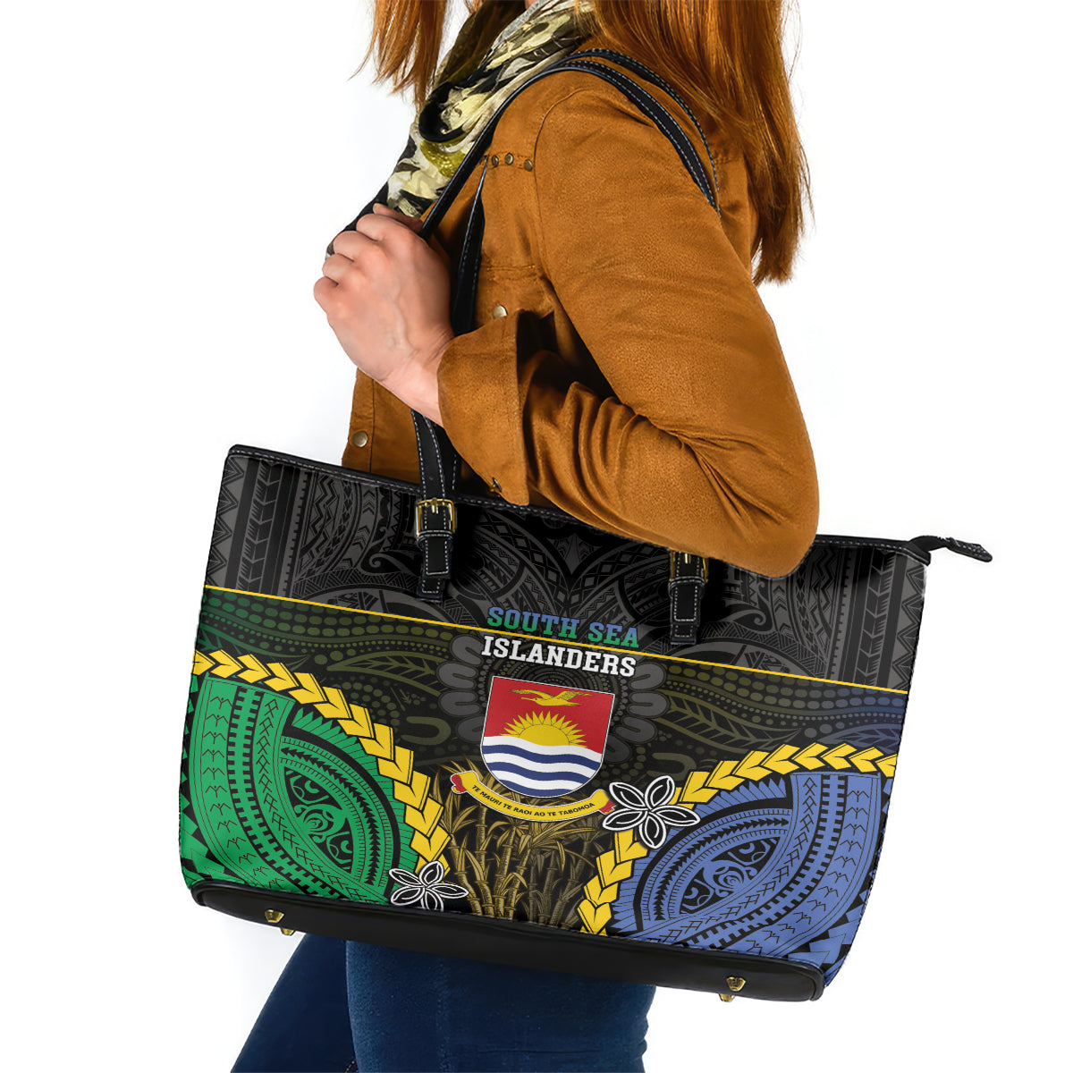 South Sea Islanders And Gilbert Islands Leather Tote Bag Kanakas Polynesian Pattern LT05 Black - Polynesian Pride