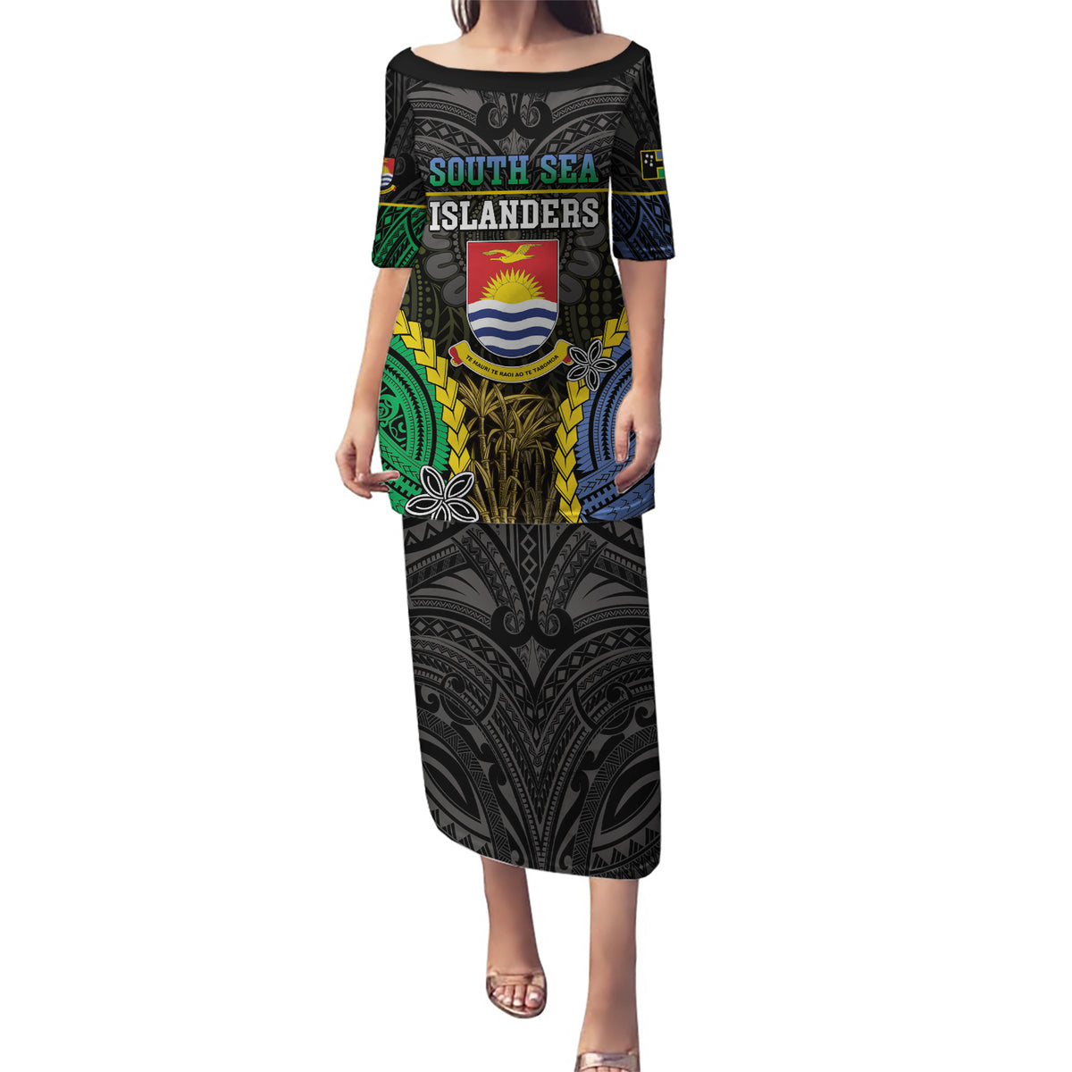 Personalised South Sea Islanders And Gilbert Islands Puletasi Kanakas Polynesian Pattern LT05 Long Dress Black - Polynesian Pride