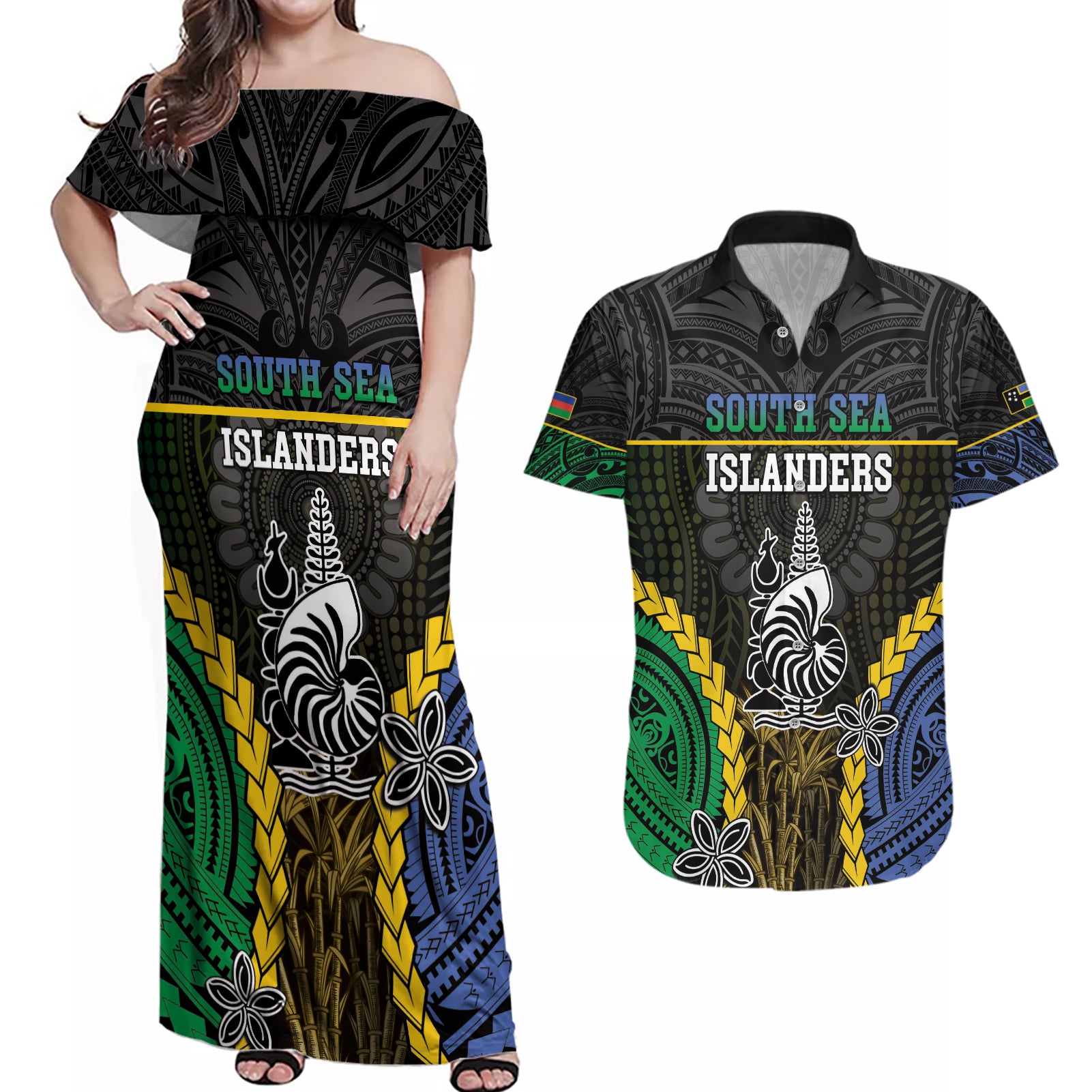 Personalised South Sea Islanders And New Caledonia Couples Matching Off Shoulder Maxi Dress and Hawaiian Shirt Kanakas Polynesian Pattern