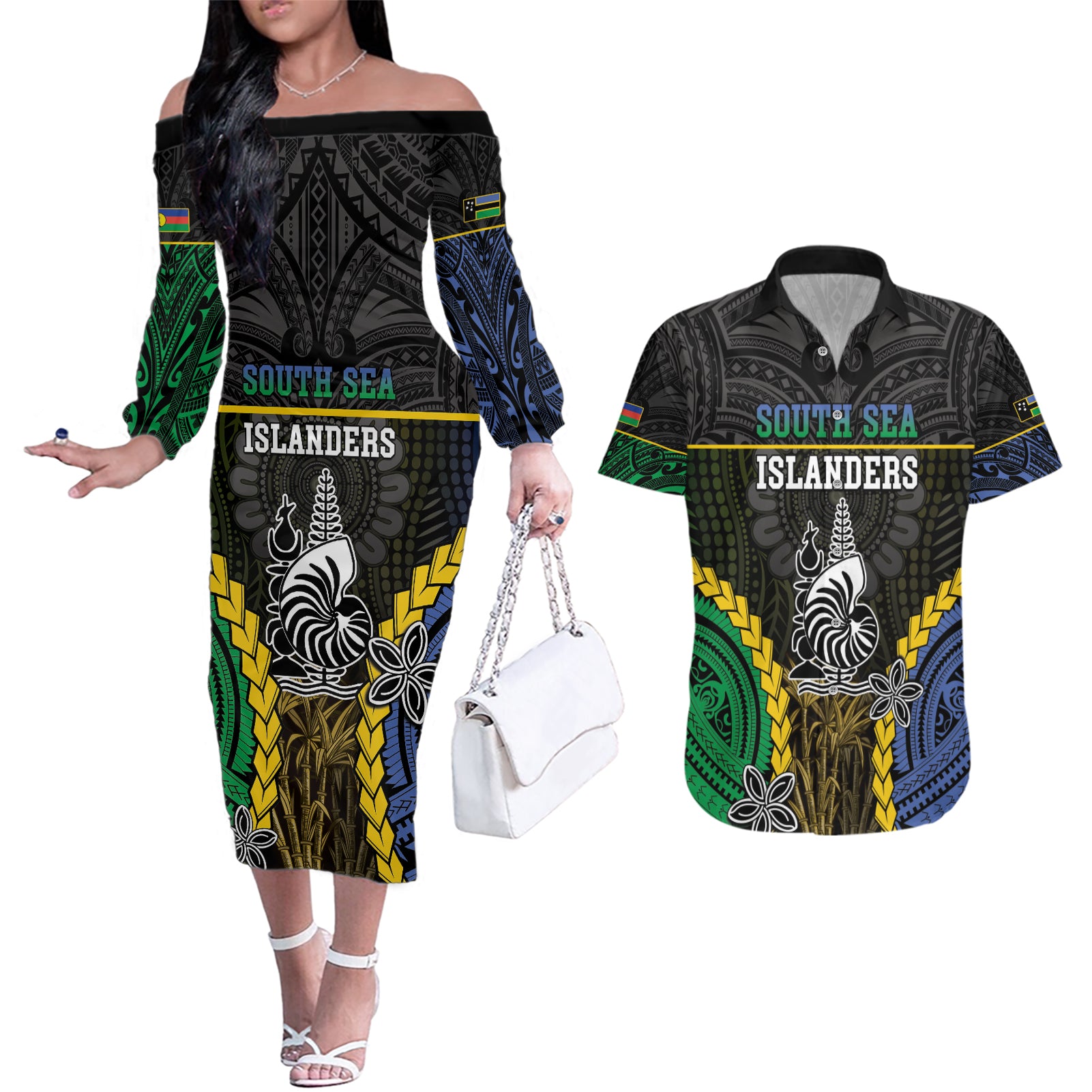 Personalised South Sea Islanders And New Caledonia Couples Matching Off The Shoulder Long Sleeve Dress and Hawaiian Shirt Kanakas Polynesian Pattern