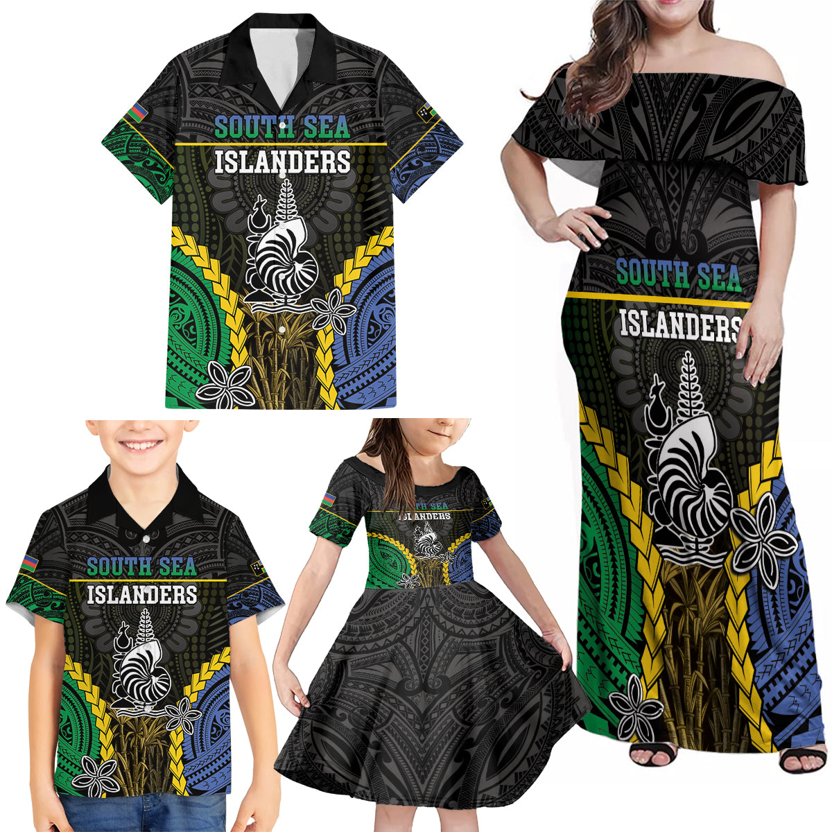 Personalised South Sea Islanders And New Caledonia Family Matching Off Shoulder Maxi Dress and Hawaiian Shirt Kanakas Polynesian Pattern