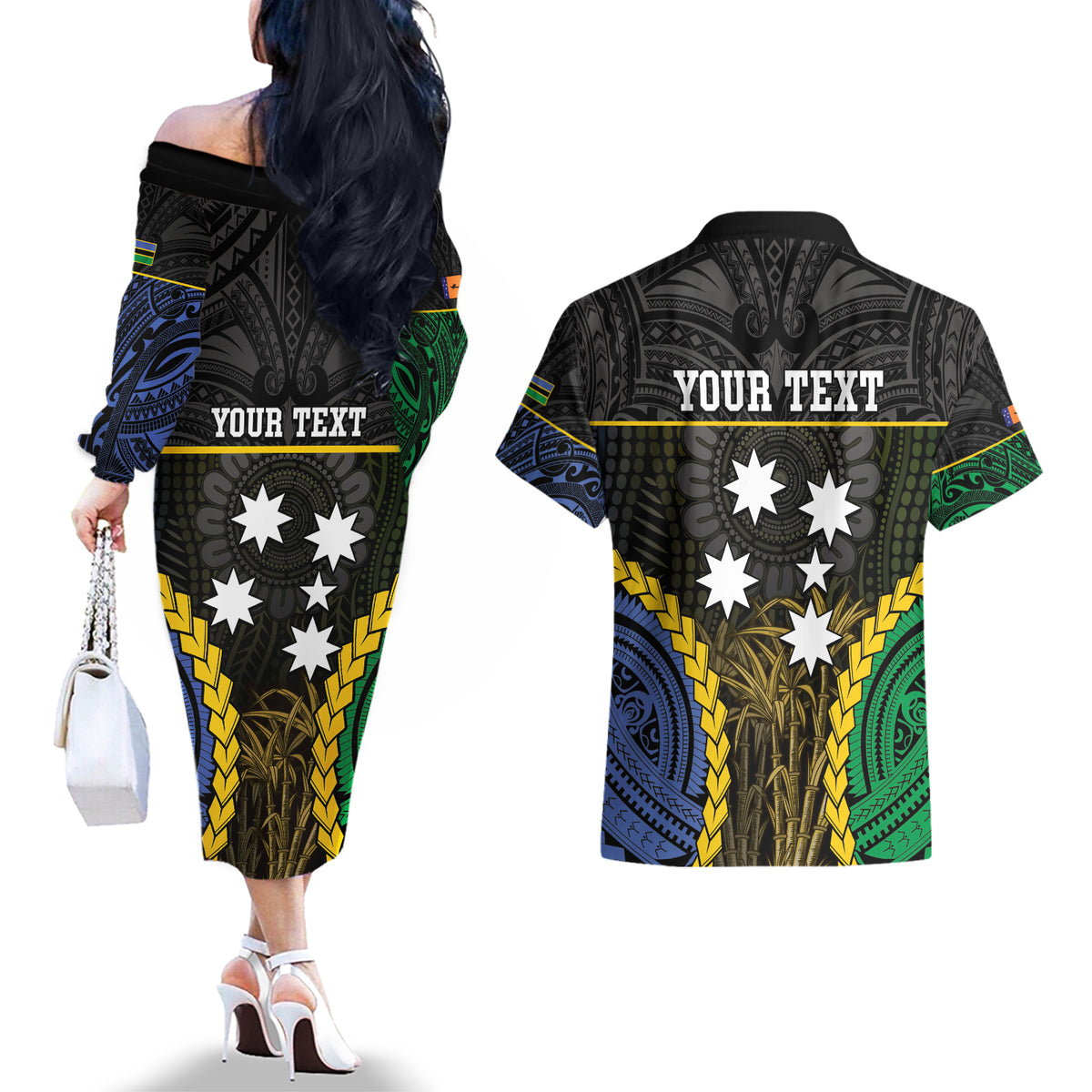 Personalised South Sea Islanders And New Ireland Couples Matching Off The Shoulder Long Sleeve Dress and Hawaiian Shirt Kanakas Polynesian Pattern