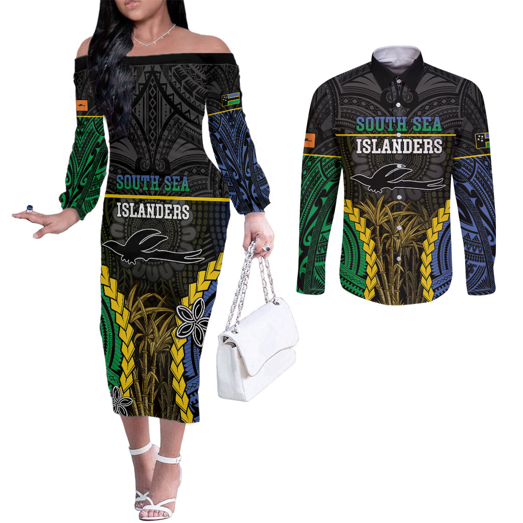Personalised South Sea Islanders And New Ireland Couples Matching Off The Shoulder Long Sleeve Dress and Long Sleeve Button Shirt Kanakas Polynesian Pattern LT05 Black - Polynesian Pride