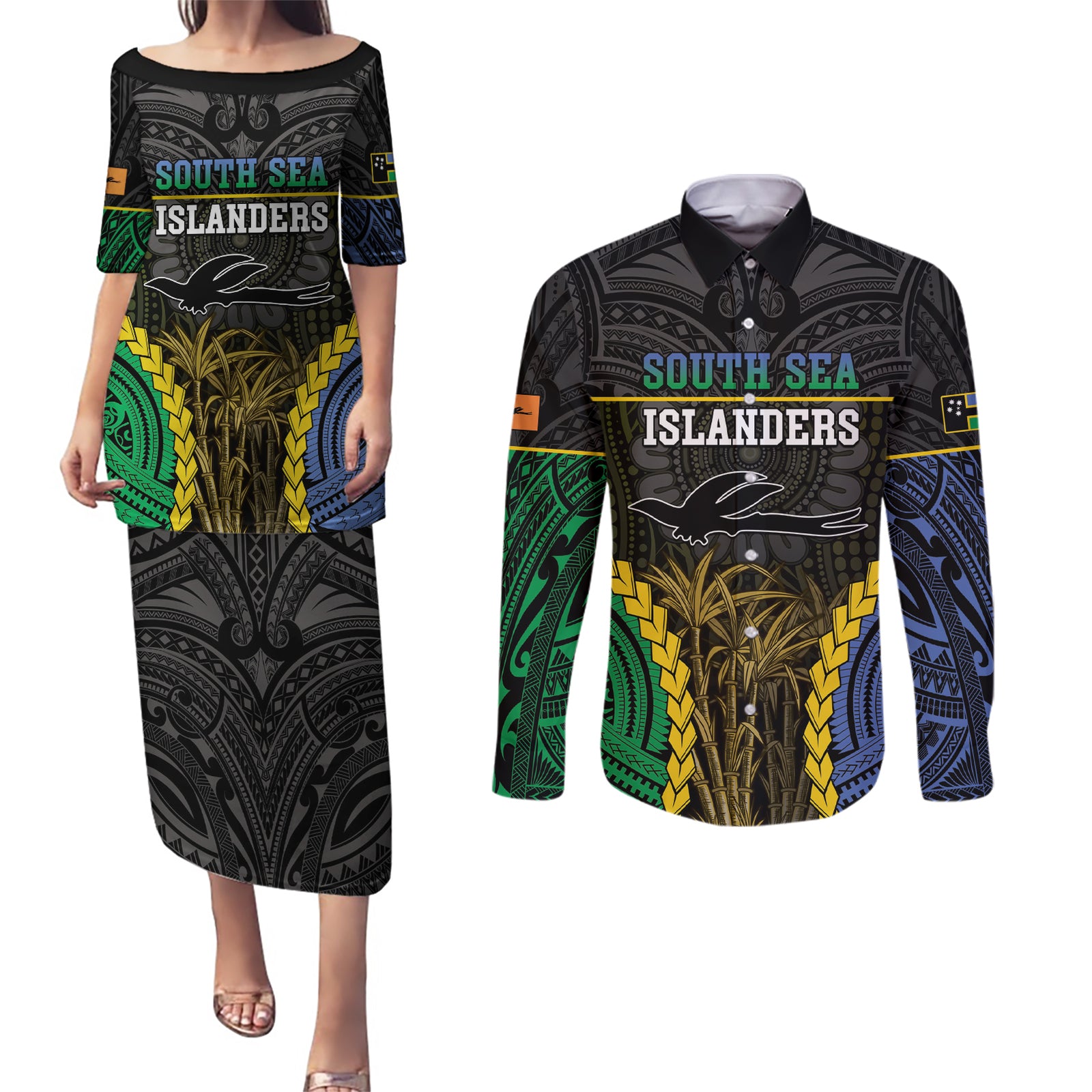Personalised South Sea Islanders And New Ireland Couples Matching Puletasi and Long Sleeve Button Shirt Kanakas Polynesian Pattern LT05 Black - Polynesian Pride