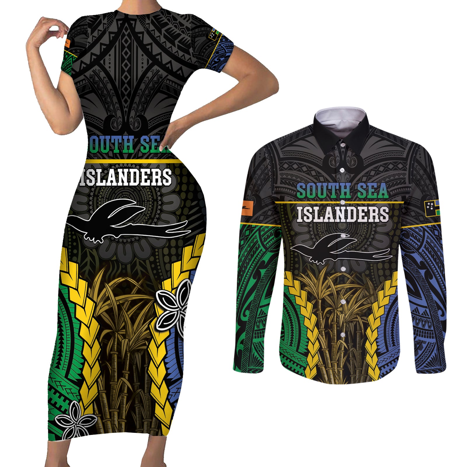 Personalised South Sea Islanders And New Ireland Couples Matching Short Sleeve Bodycon Dress and Long Sleeve Button Shirt Kanakas Polynesian Pattern LT05 Black - Polynesian Pride