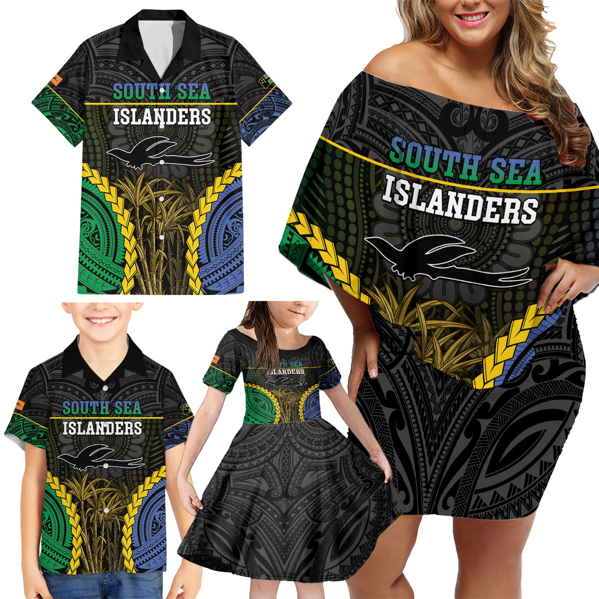 Personalised South Sea Islanders And New Ireland Family Matching Off Shoulder Short Dress and Hawaiian Shirt Kanakas Polynesian Pattern