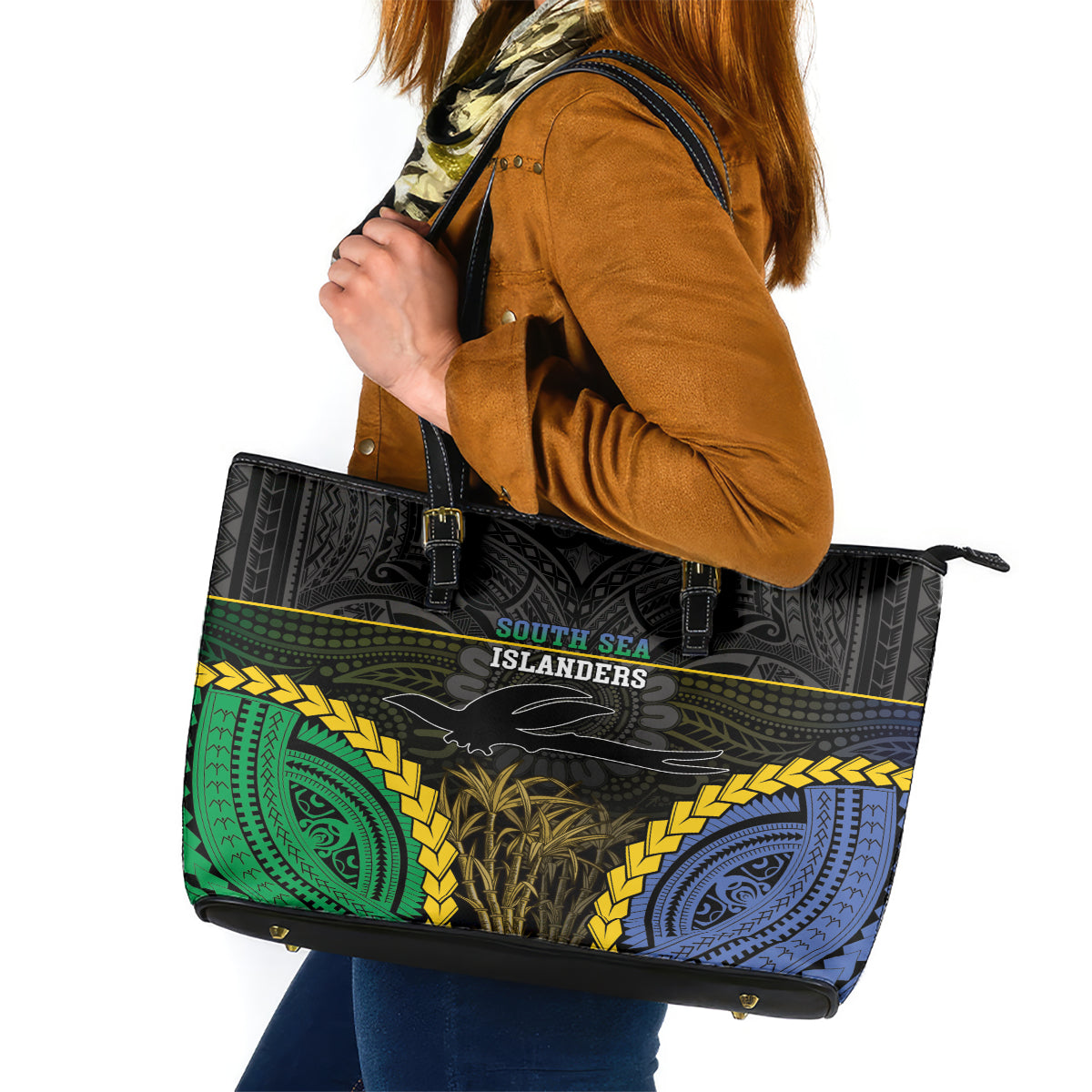 South Sea Islanders And New Ireland Leather Tote Bag Kanakas Polynesian Pattern LT05 Black - Polynesian Pride