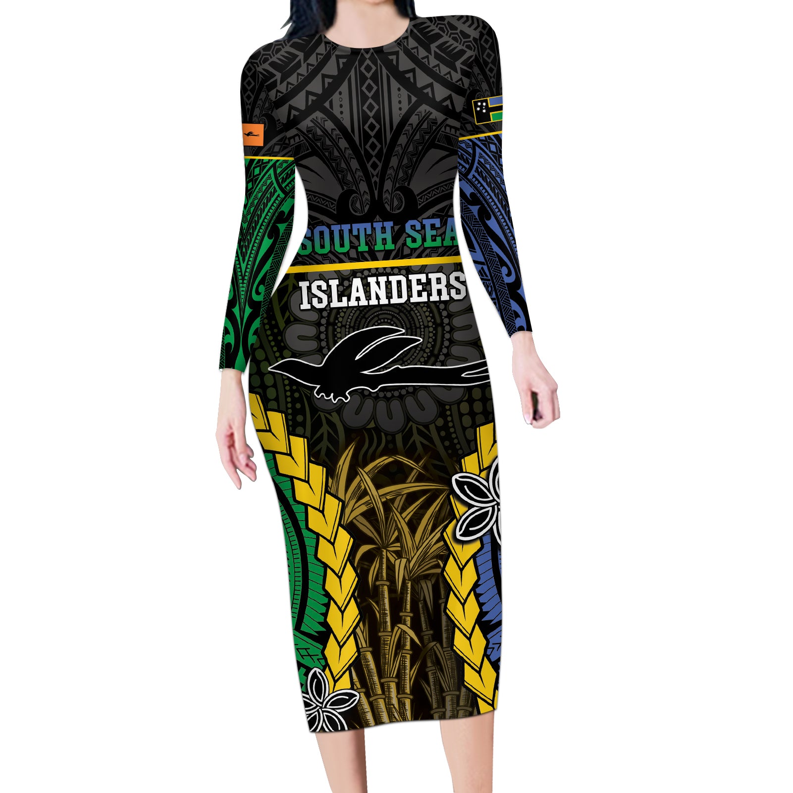 Personalised South Sea Islanders And New Ireland Long Sleeve Bodycon Dress Kanakas Polynesian Pattern