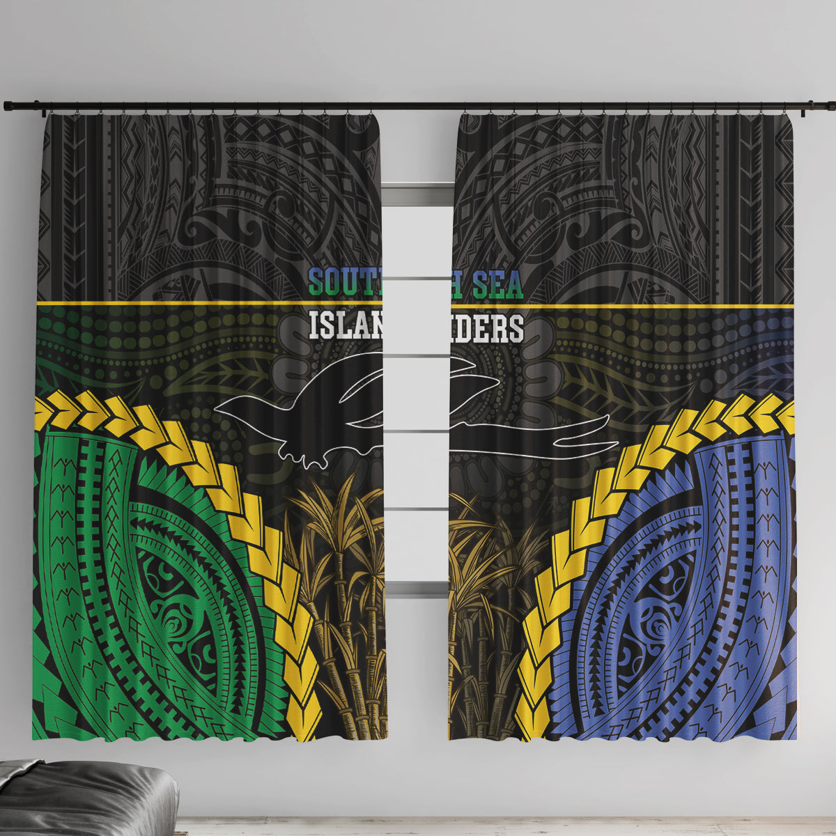 South Sea Islanders And New Ireland Window Curtain Kanakas Polynesian Pattern LT05 With Hooks Black - Polynesian Pride