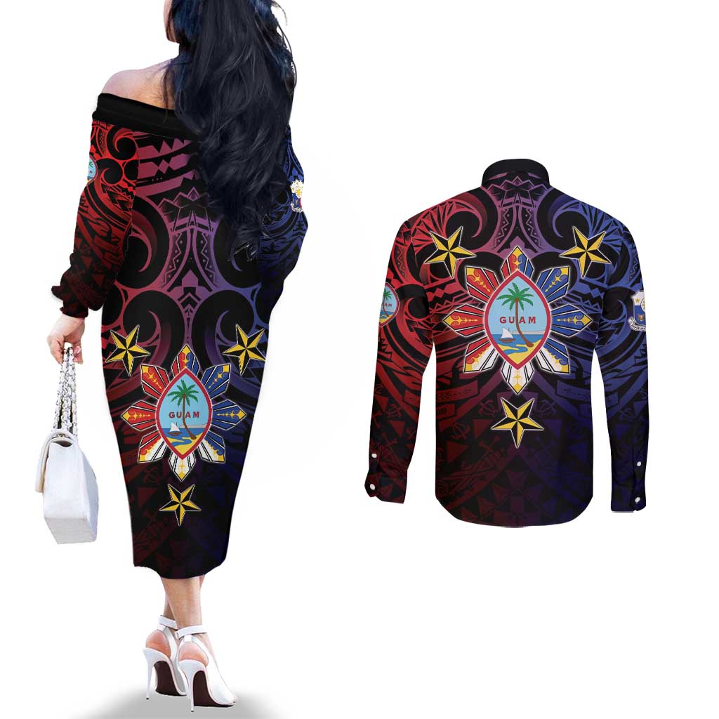 Philippines Guam Couples Matching Off The Shoulder Long Sleeve Dress and Long Sleeve Button Shirt Filipino Sun With Guaman Seal