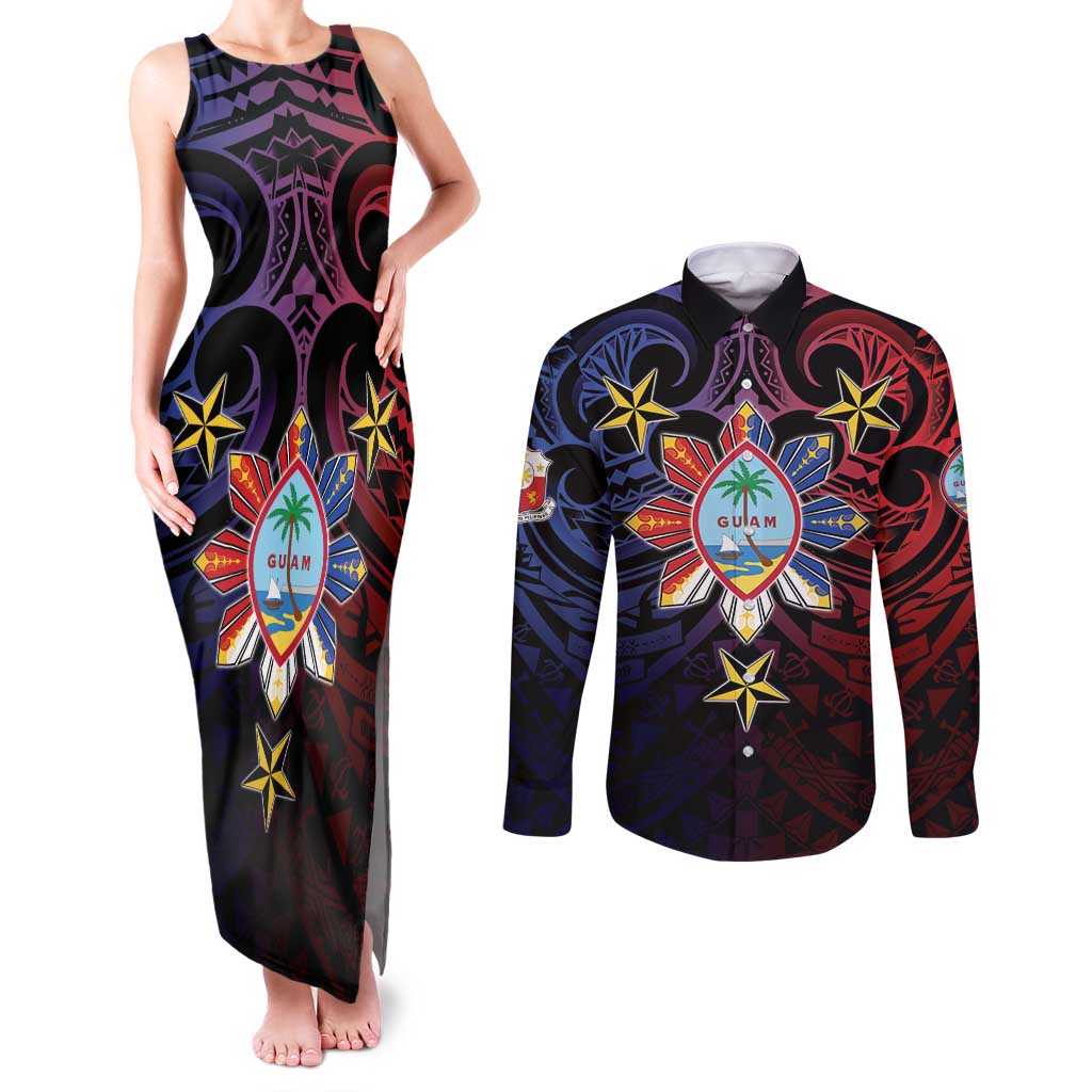 Philippines Guam Couples Matching Tank Maxi Dress and Long Sleeve Button Shirt Filipino Sun With Guaman Seal