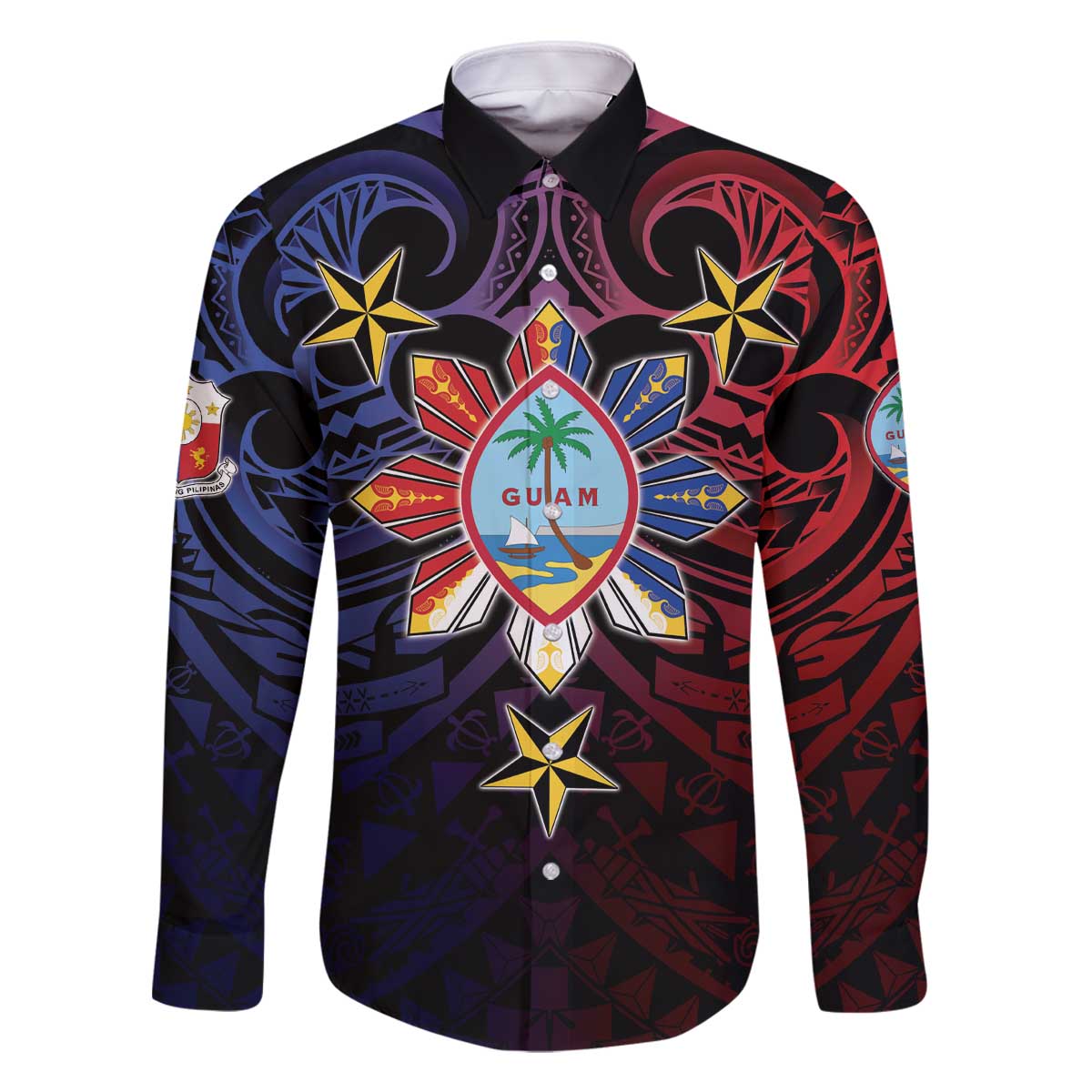 Philippines Guam Family Matching Off The Shoulder Long Sleeve Dress and Hawaiian Shirt Filipino Sun With Guaman Seal