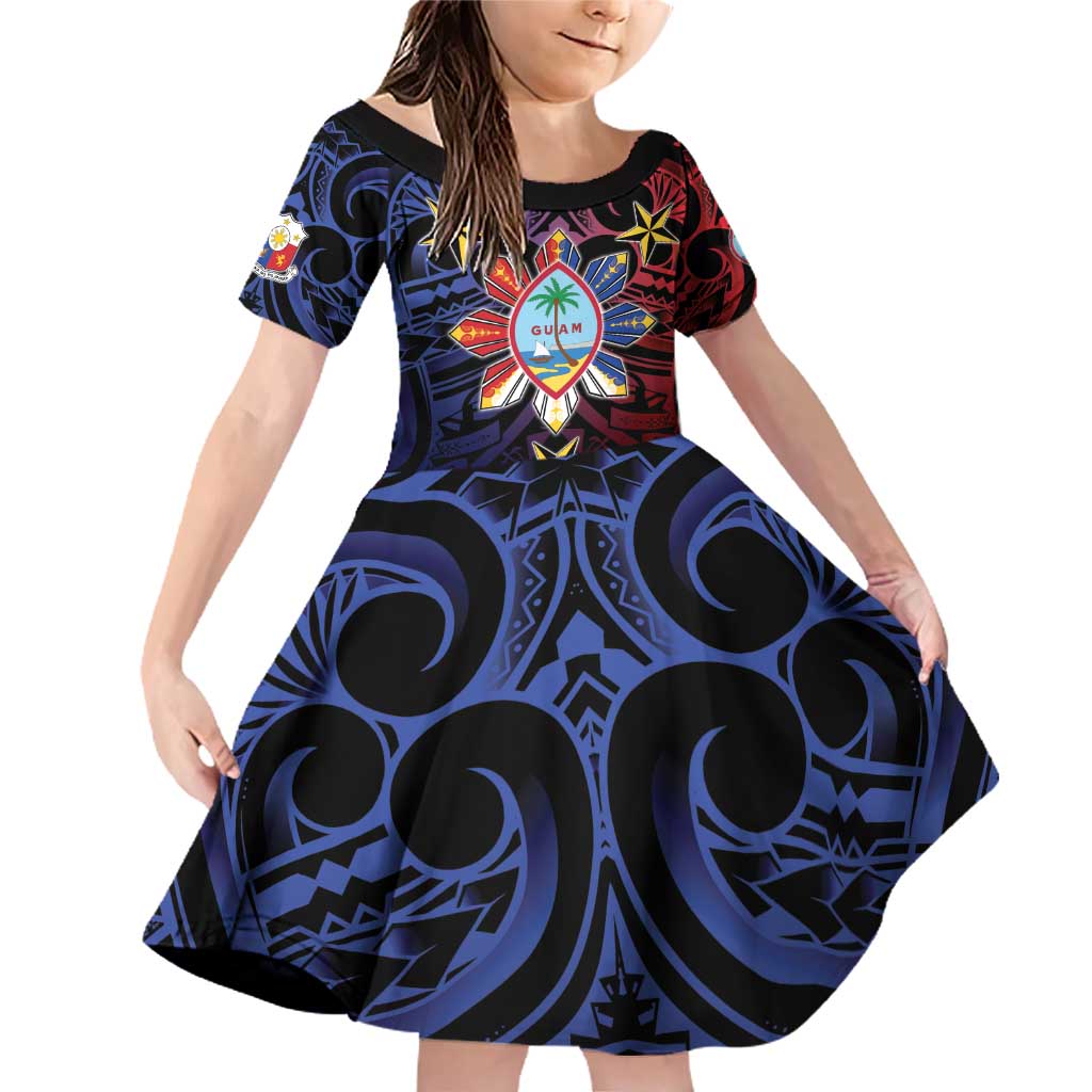 Philippines Guam Family Matching Off Shoulder Short Dress and Hawaiian Shirt Filipino Sun With Guaman Seal