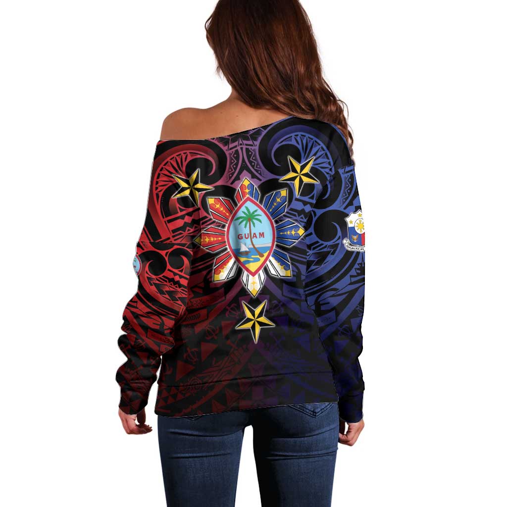 Philippines Guam Off Shoulder Sweater Filipino Sun With Guaman Seal