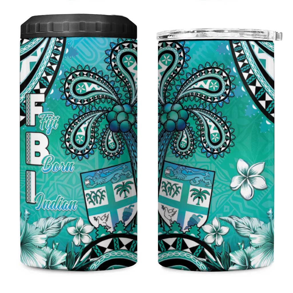 Fiji Born Indian 4 in 1 Can Cooler Tumbler Palm Paisley With Tapa Pattern