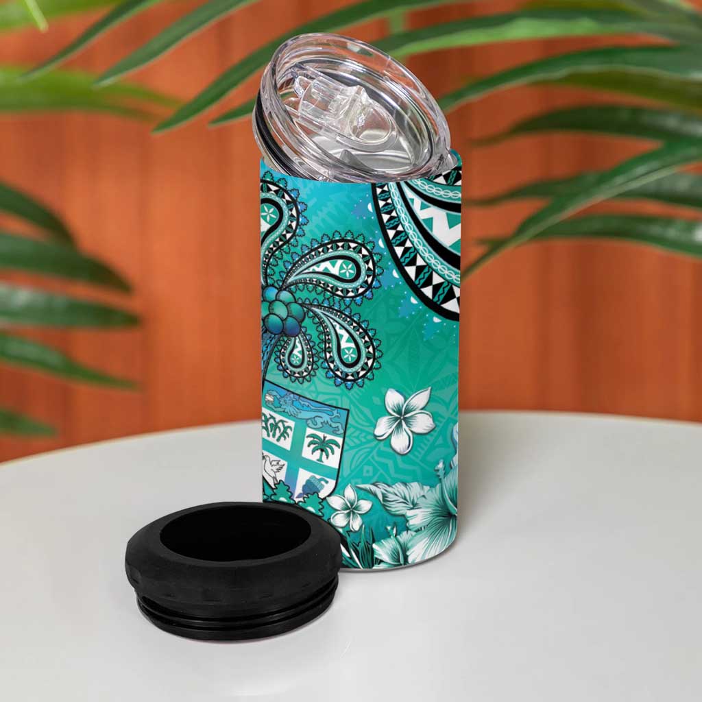 Fiji Born Indian 4 in 1 Can Cooler Tumbler Palm Paisley With Tapa Pattern