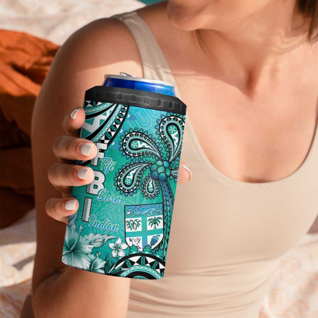Fiji Born Indian 4 in 1 Can Cooler Tumbler Palm Paisley With Tapa Pattern