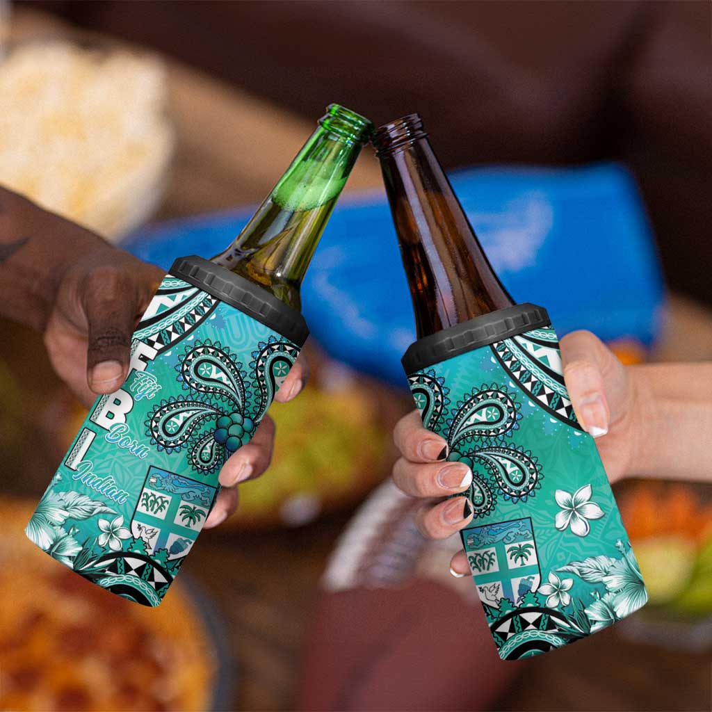 Fiji Born Indian 4 in 1 Can Cooler Tumbler Palm Paisley With Tapa Pattern