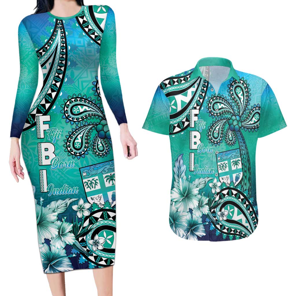 Fiji Born Indian Couples Matching Long Sleeve Bodycon Dress and Hawaiian Shirt Palm Paisley With Tapa Pattern