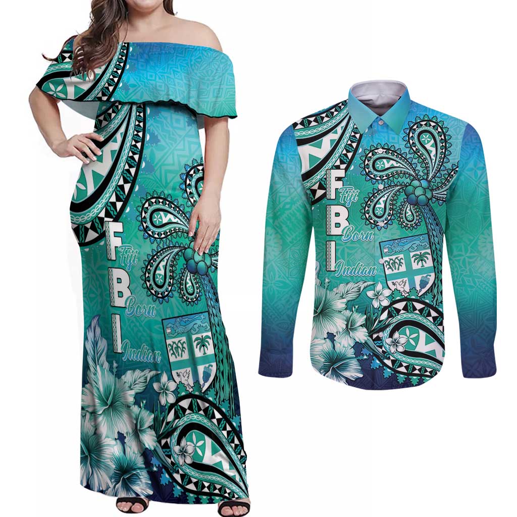 Fiji Born Indian Couples Matching Off Shoulder Maxi Dress and Long Sleeve Button Shirt Palm Paisley With Tapa Pattern