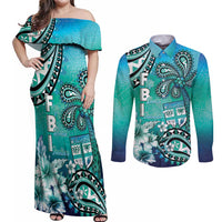 Fiji Born Indian Couples Matching Off Shoulder Maxi Dress and Long Sleeve Button Shirt Palm Paisley With Tapa Pattern