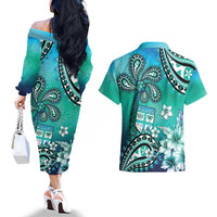 Fiji Born Indian Couples Matching Off The Shoulder Long Sleeve Dress and Hawaiian Shirt Palm Paisley With Tapa Pattern