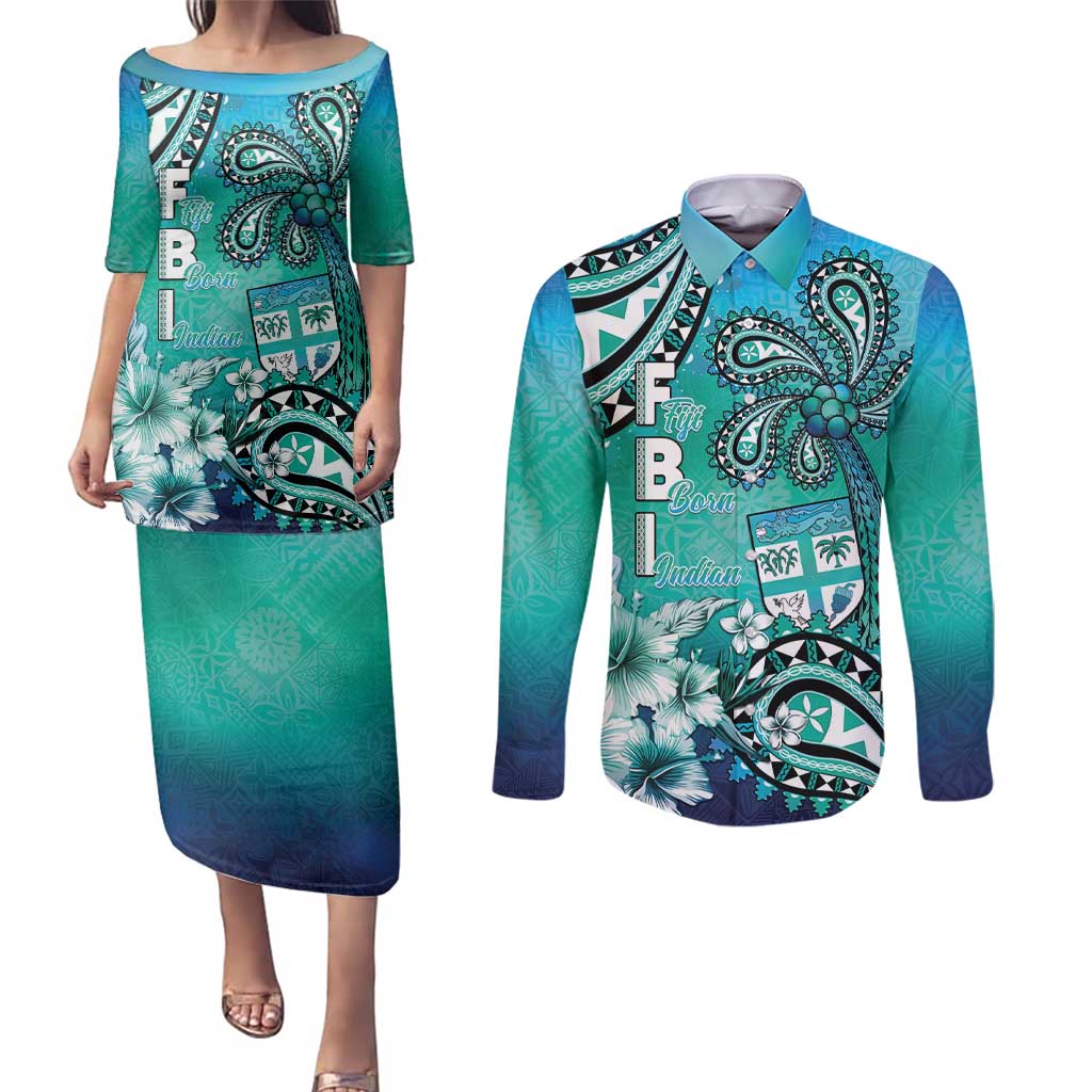 Fiji Born Indian Couples Matching Puletasi and Long Sleeve Button Shirt Palm Paisley With Tapa Pattern